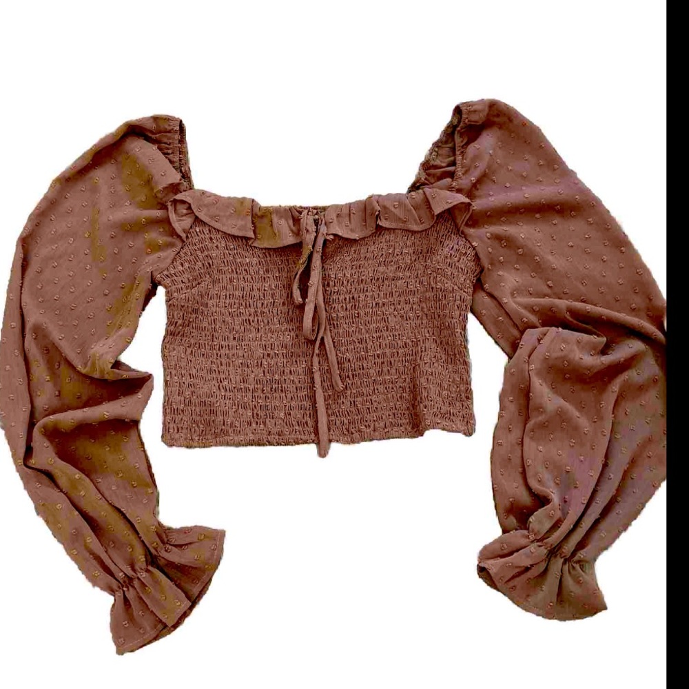 Cottagecore Prairie Privy Peasant Sleeve Boho Crop Top Fawn Blouse Shirt Medium